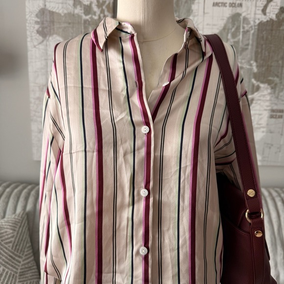 Highline Collective Womens Striped Button Down Satin Blouse Cream Burgundy S - Picture 2 of 6
